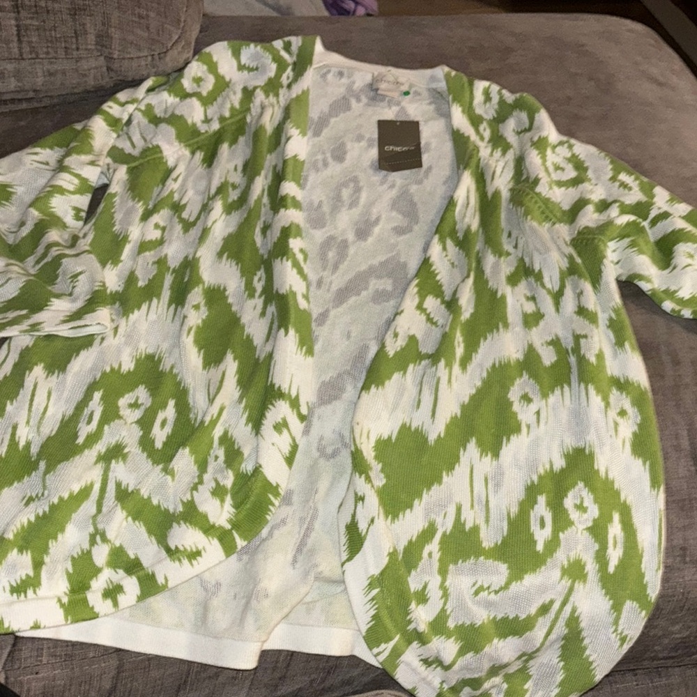 Chico's Green and White Knit Cardigan